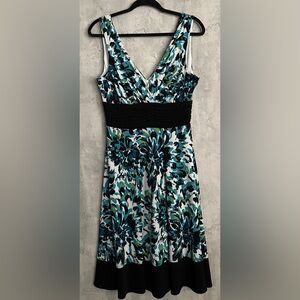 Jones NY Blue/Wht/Grn Floral VNeck Blk Band Waist Sleeveless Side Zip Dress Sz12